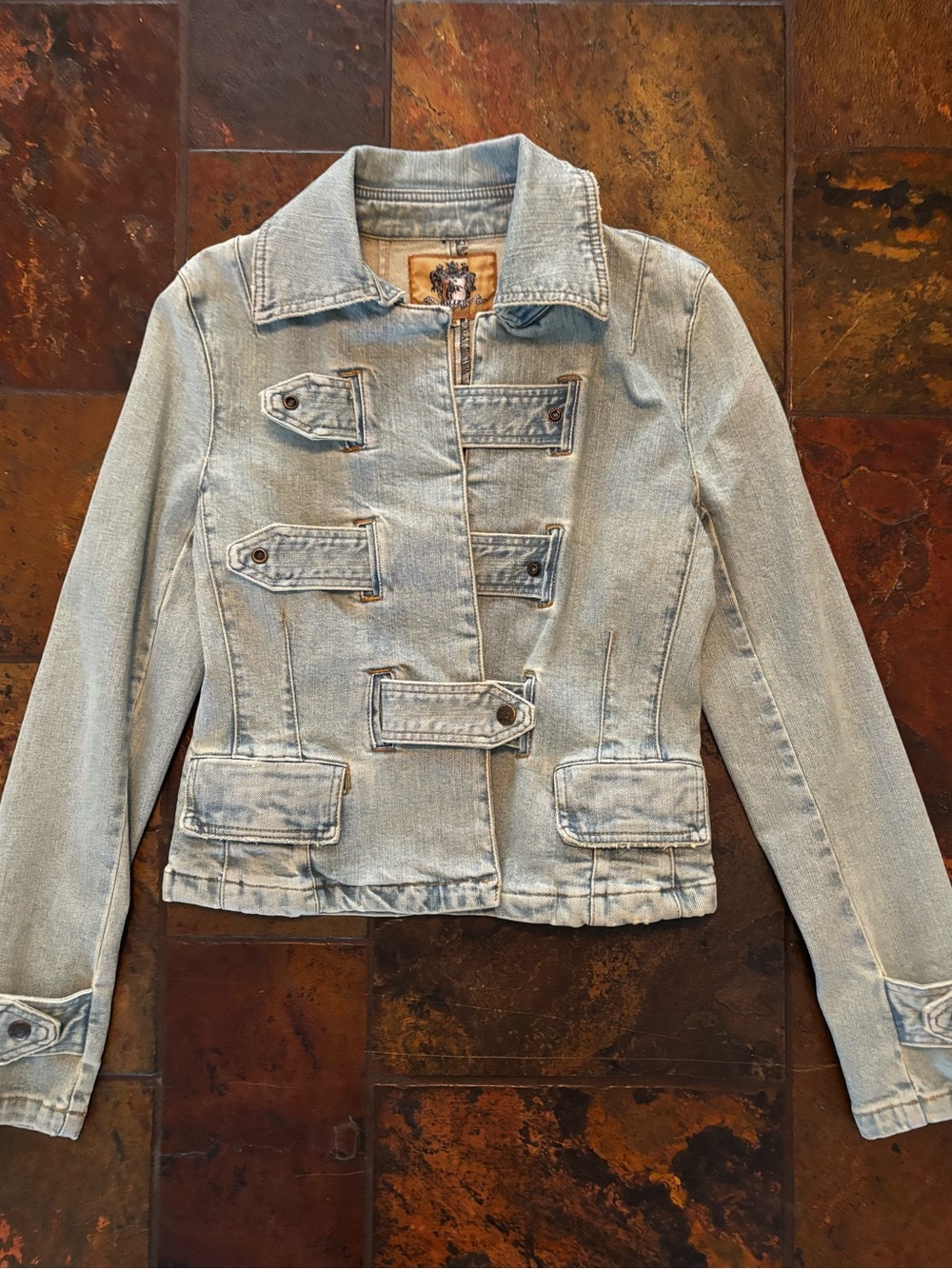 NWT Gemini Womens Denim Jacket Size 36 Military Style Adjustable Front Buckle